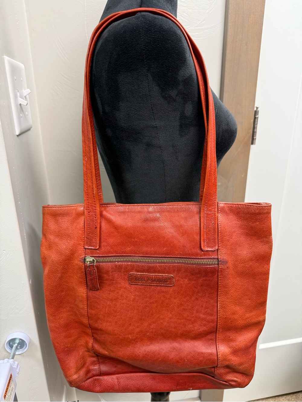 Lisa Leonard Leather Shoulder Bag Purse Burnt Orange Rust Tote Large 14x14.5